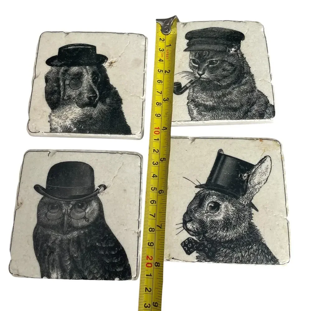 Anthropomorphic Animal Stone Tile Coasters Dog Cat Owl Rabbit Drawing Image READ